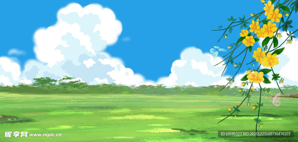 春日绿野繁花风景图