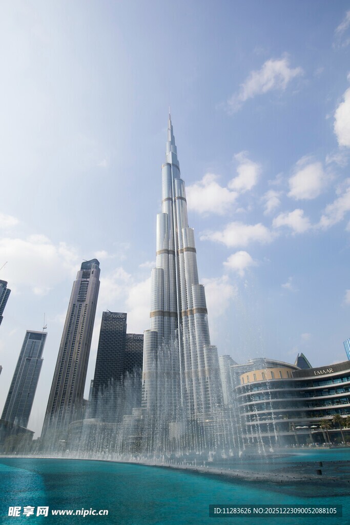 迪拜城市天际线与喷泉景观