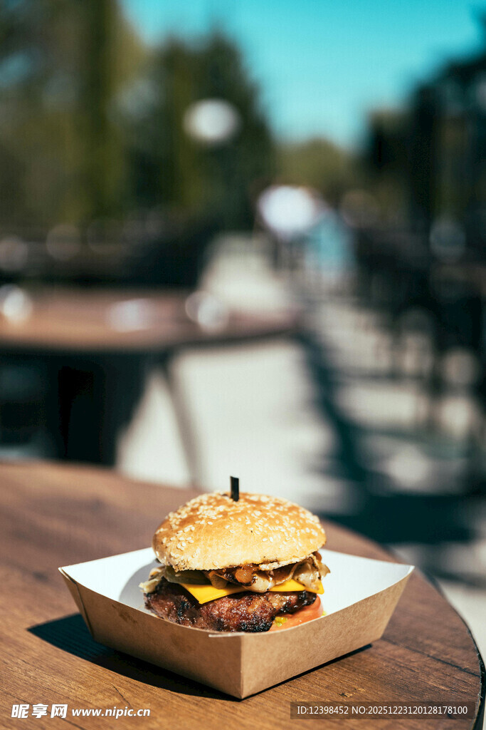 户外美味汉堡置于纸盒中