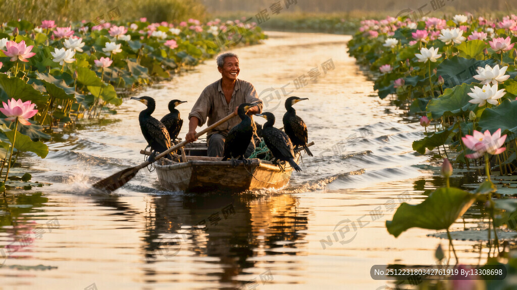 渔夫面带微笑北向阳光摇着渔船载