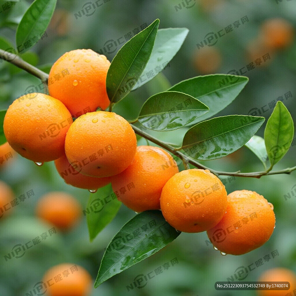 画一枝带有5个橘子 有叶子