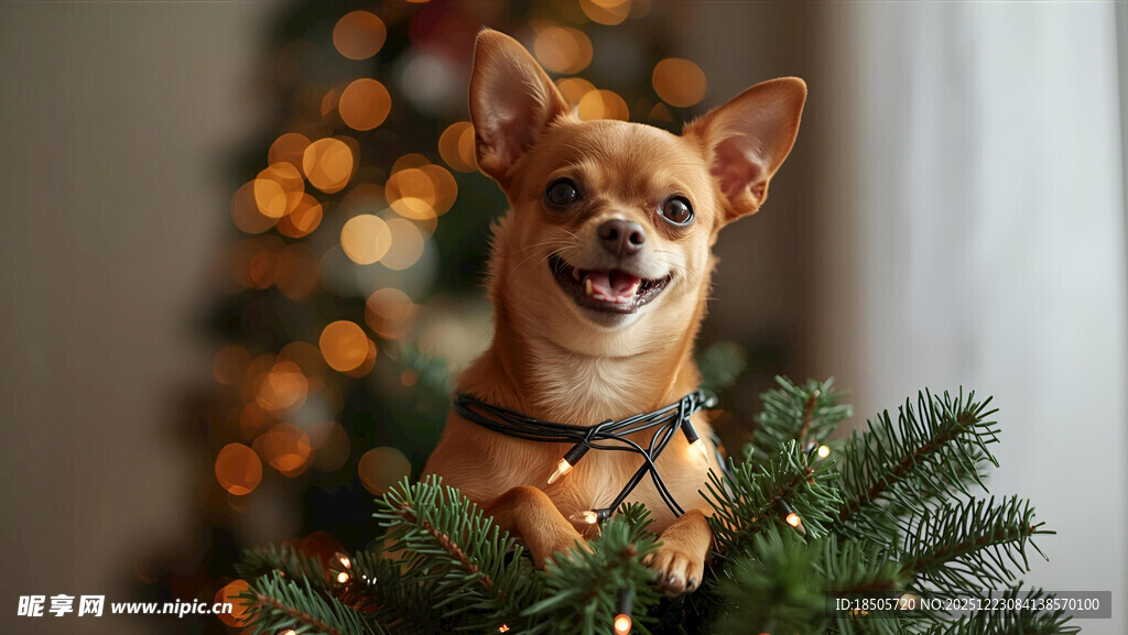 圣诞装饰旁的可爱吉娃娃