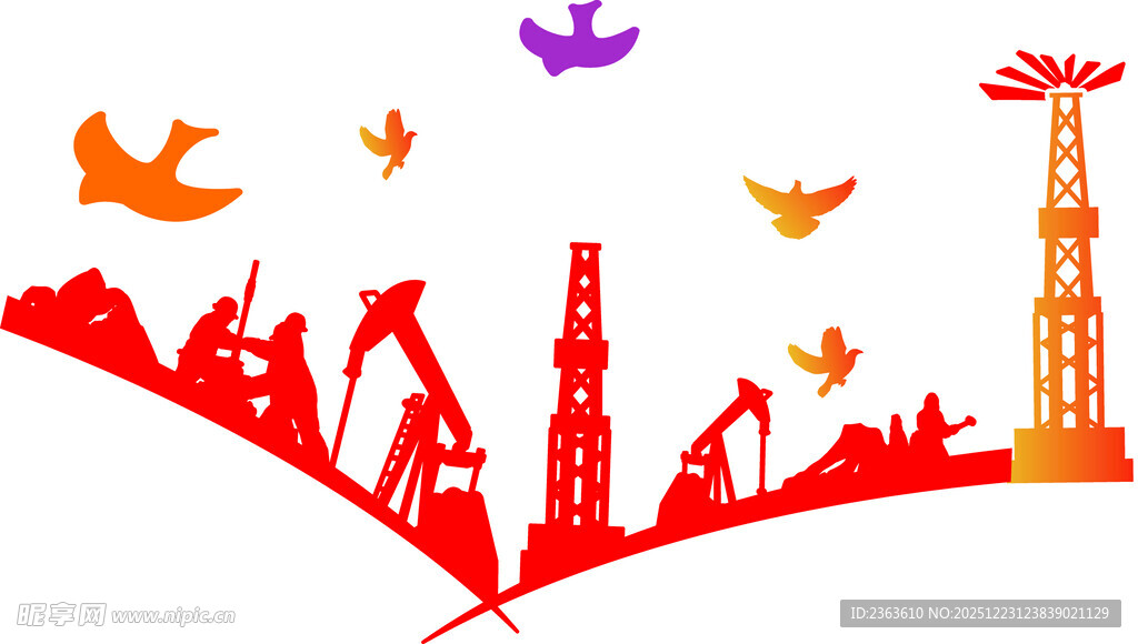 石油工业剪影与飞翔鸟儿