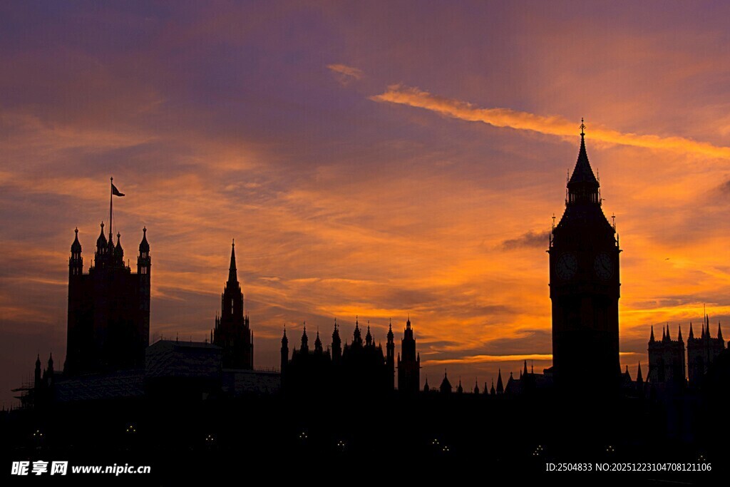 夕阳下的伦敦建筑剪影