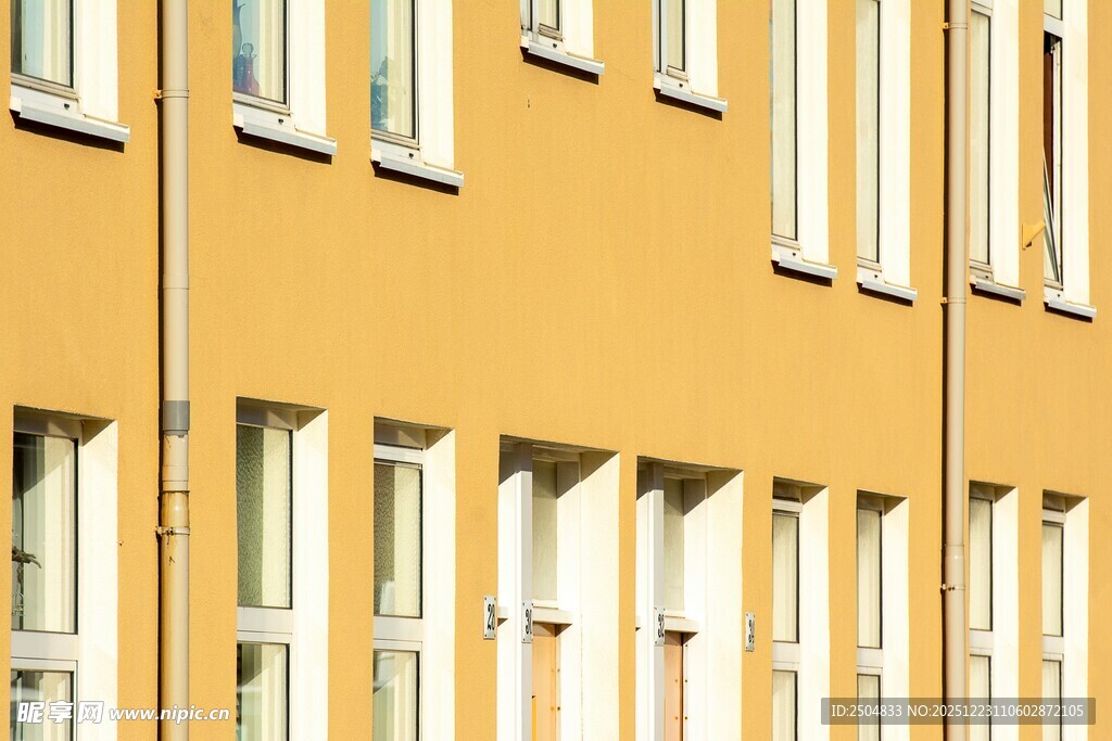 黄色建筑的整齐窗户