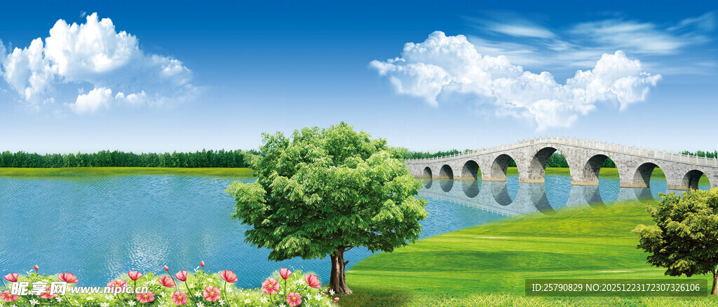 蓝天白云湖畔拱桥美景