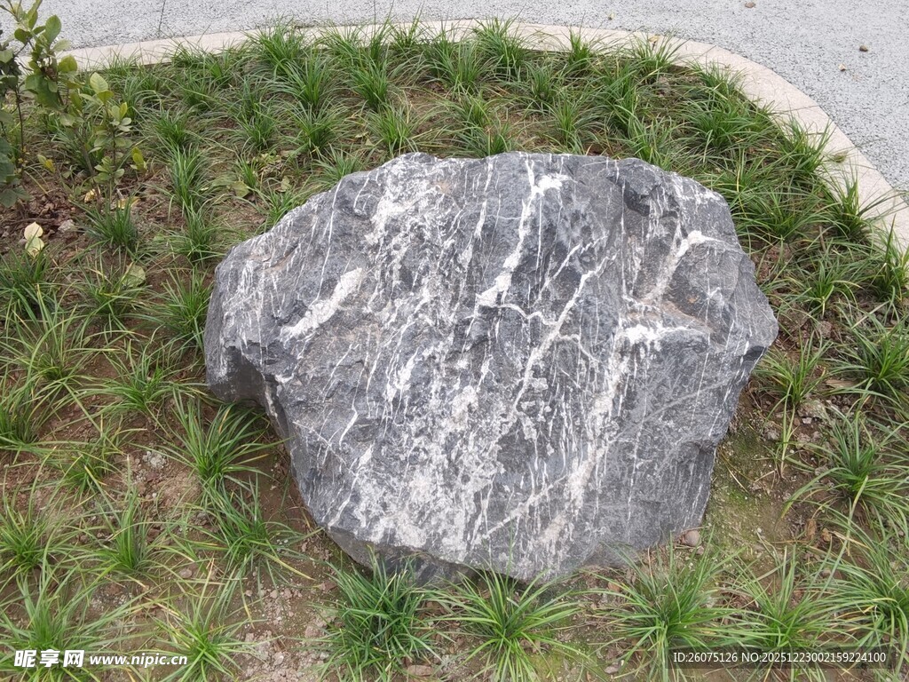 草地上的灰色纹理石头