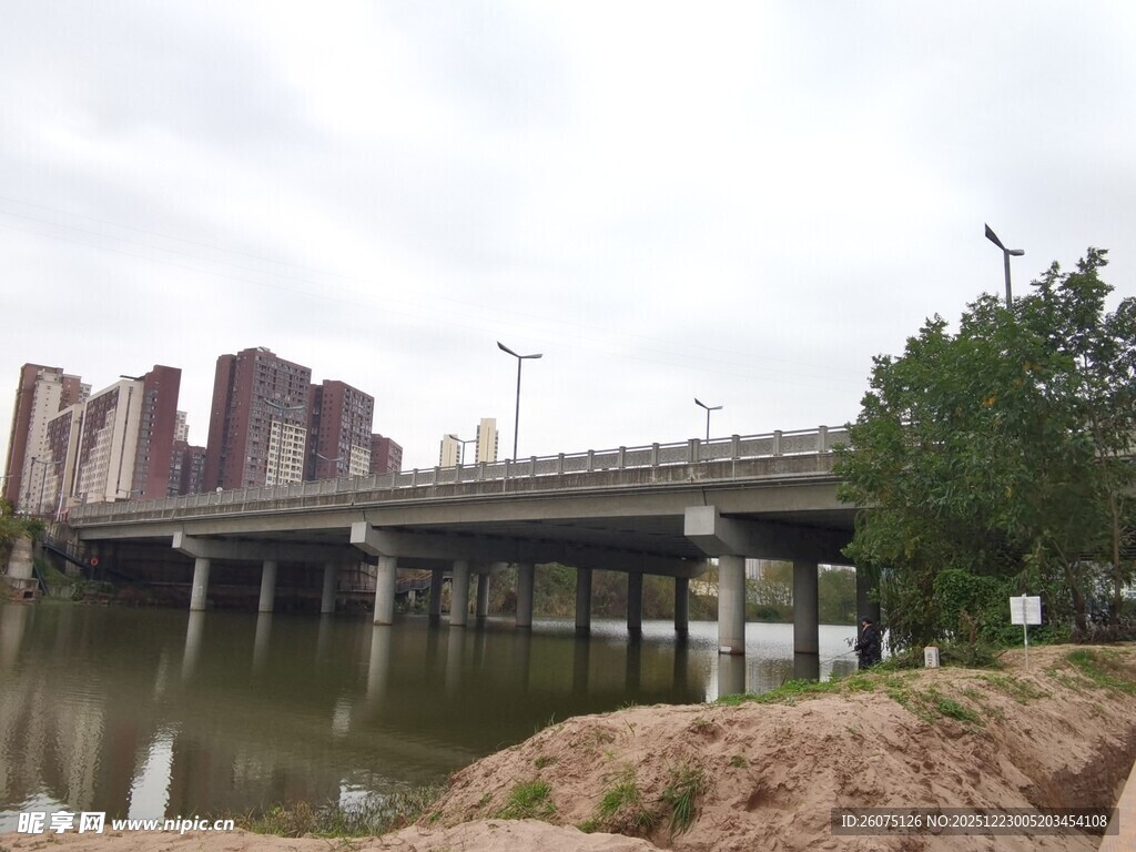 河畔桥梁与城市建筑景观