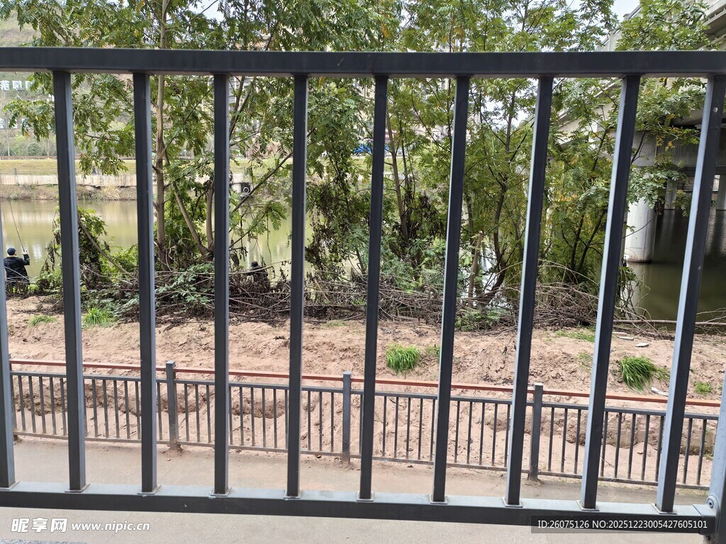 透过铁栏看户外景致