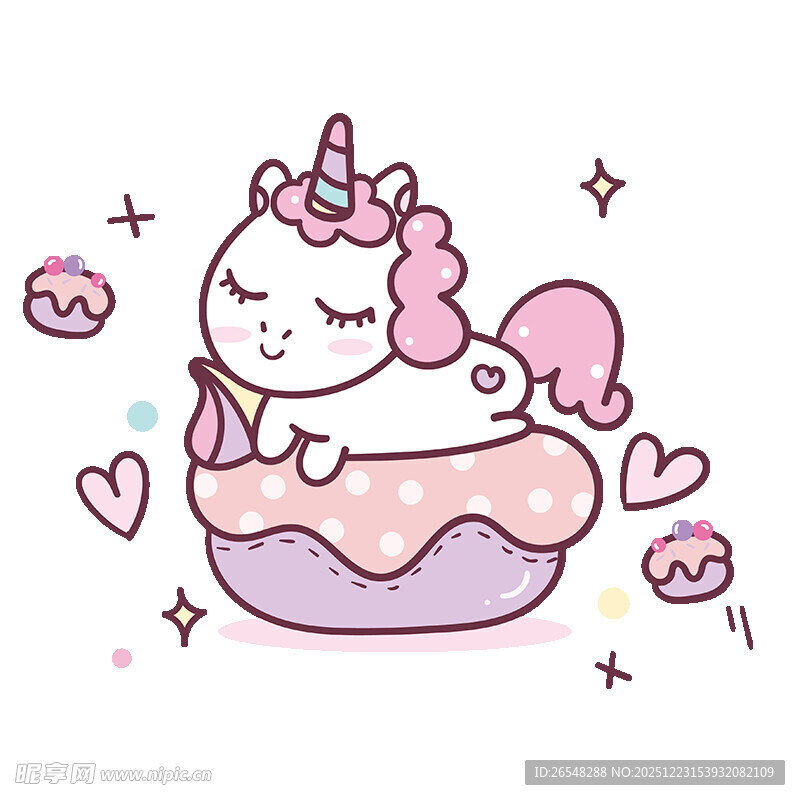 可爱独角兽在甜点中休憩