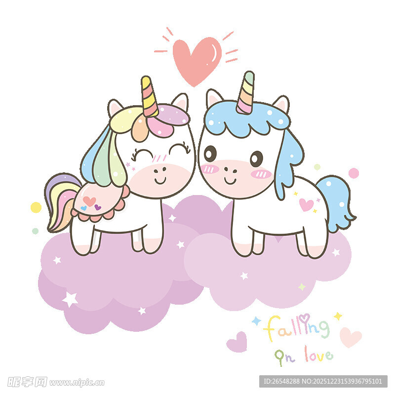 可爱独角兽情侣在云朵上