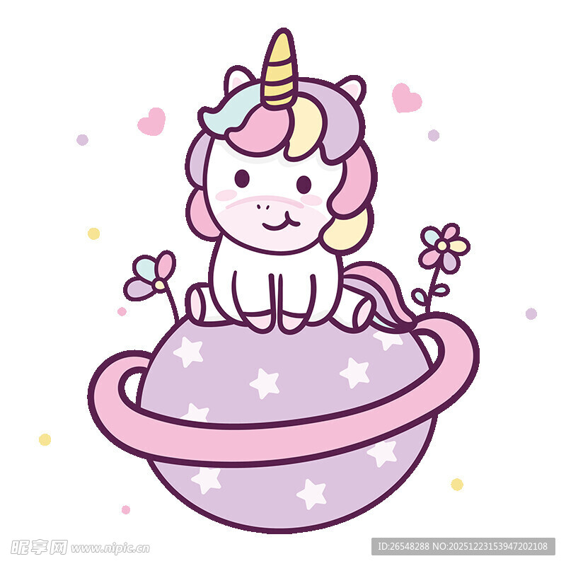 可爱独角兽坐在星球上