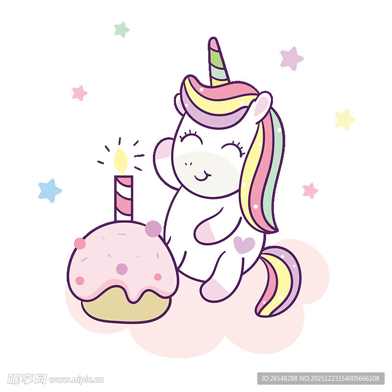 独角兽与生日蛋糕插画