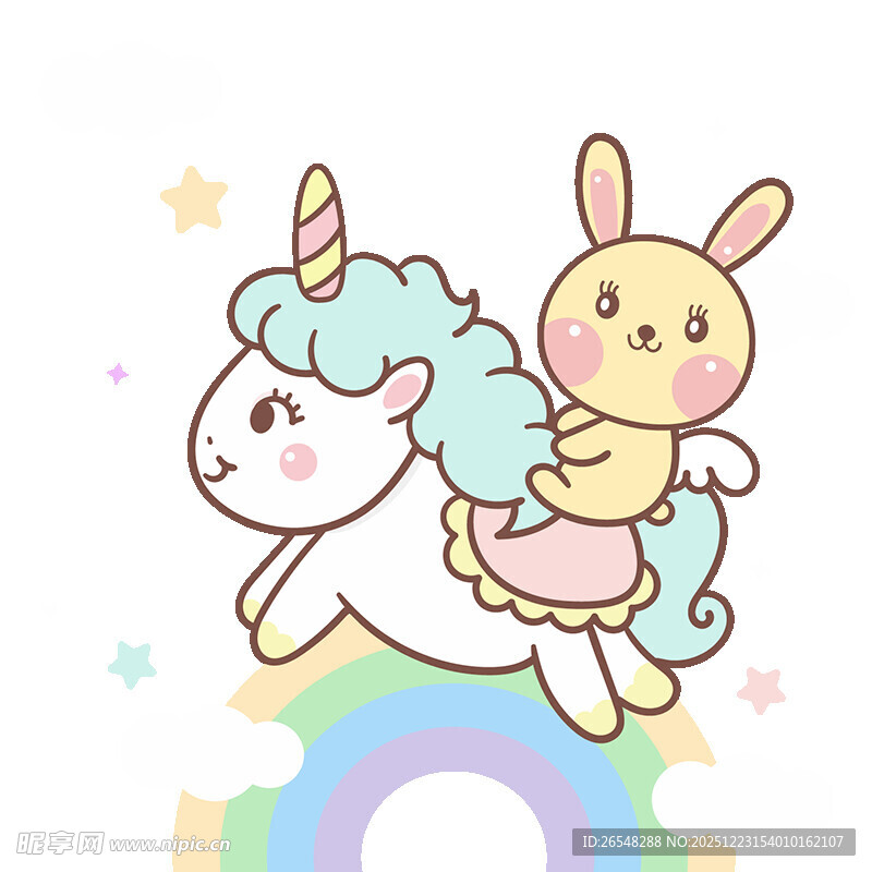 独角兽载着小兔在彩虹上