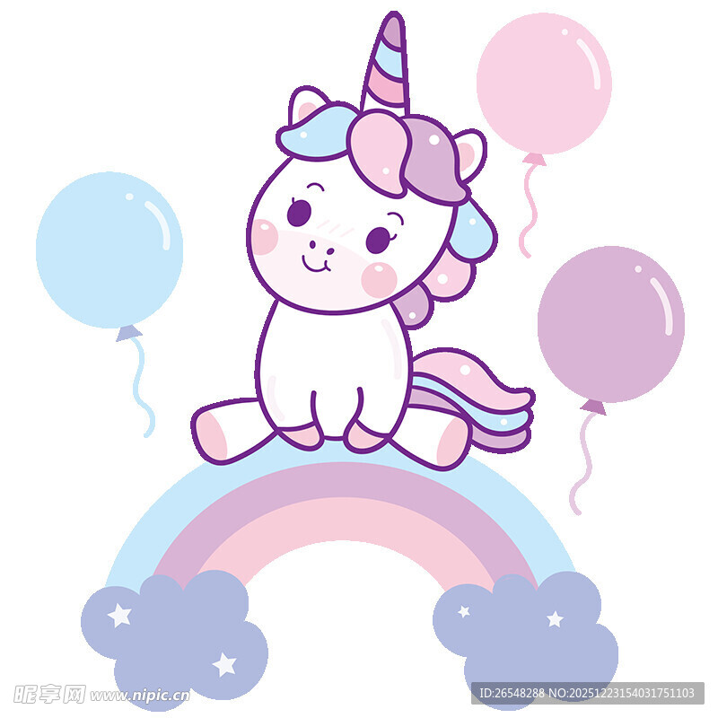可爱独角兽坐在彩虹上