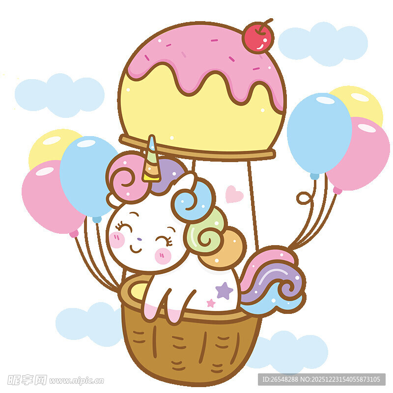 可爱独角兽乘甜品热气球