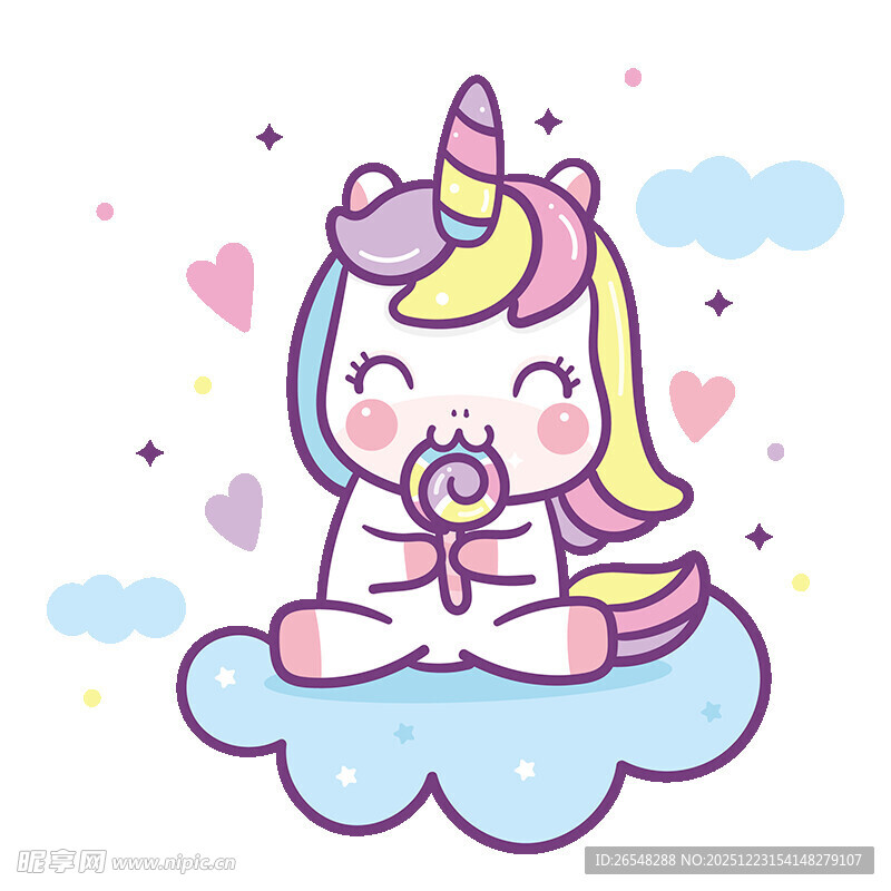 可爱独角兽云朵上吃棒棒糖