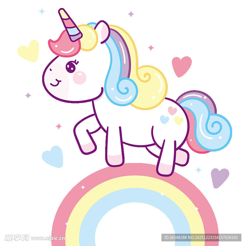 可爱独角兽站在彩虹上