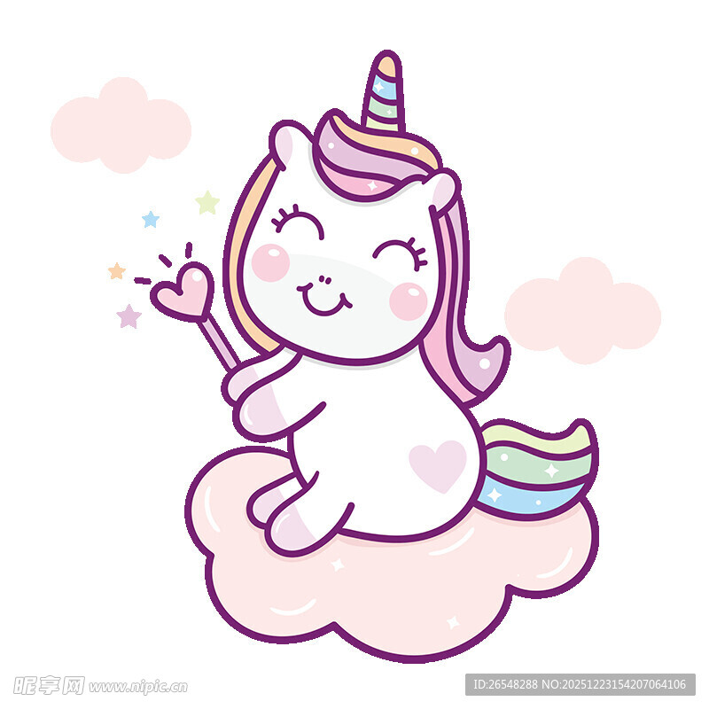 可爱独角兽坐在云朵上