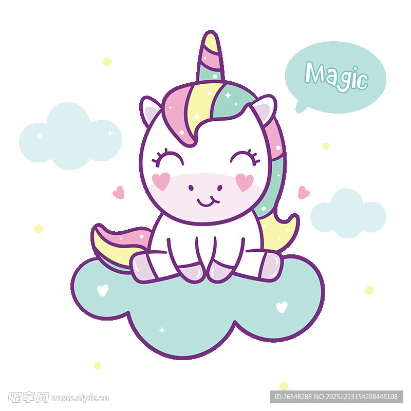 可爱独角兽坐在云朵上