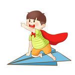 小男孩化身超人骑纸飞机