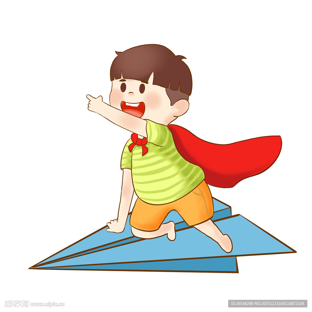 小男孩化身超人骑纸飞机