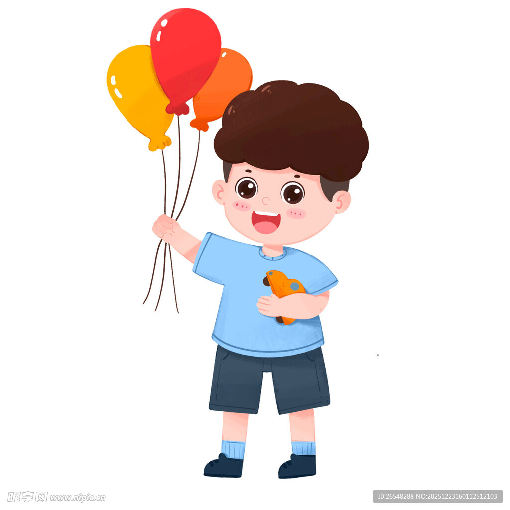 手持气球与礼物的小男孩