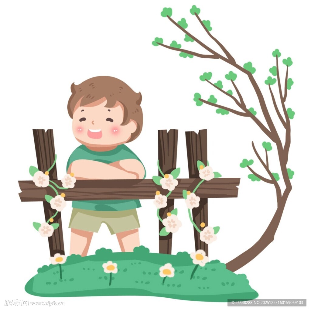 春日男孩倚栏赏景