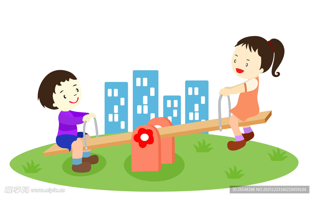 儿童公园玩跷跷板欢乐场景