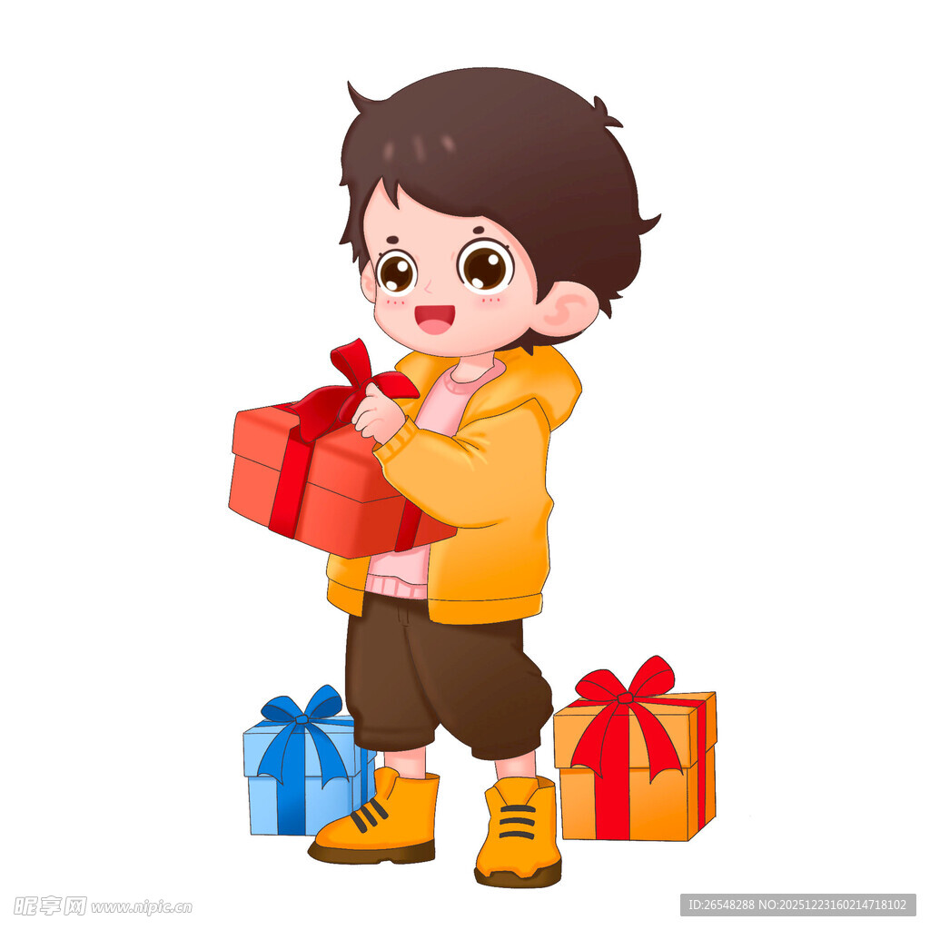 男孩手持礼物周围堆满礼品