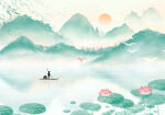 水墨山水间的孤舟赏景