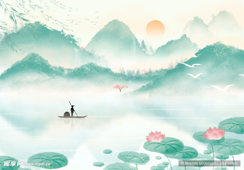 水墨山水间的孤舟赏景