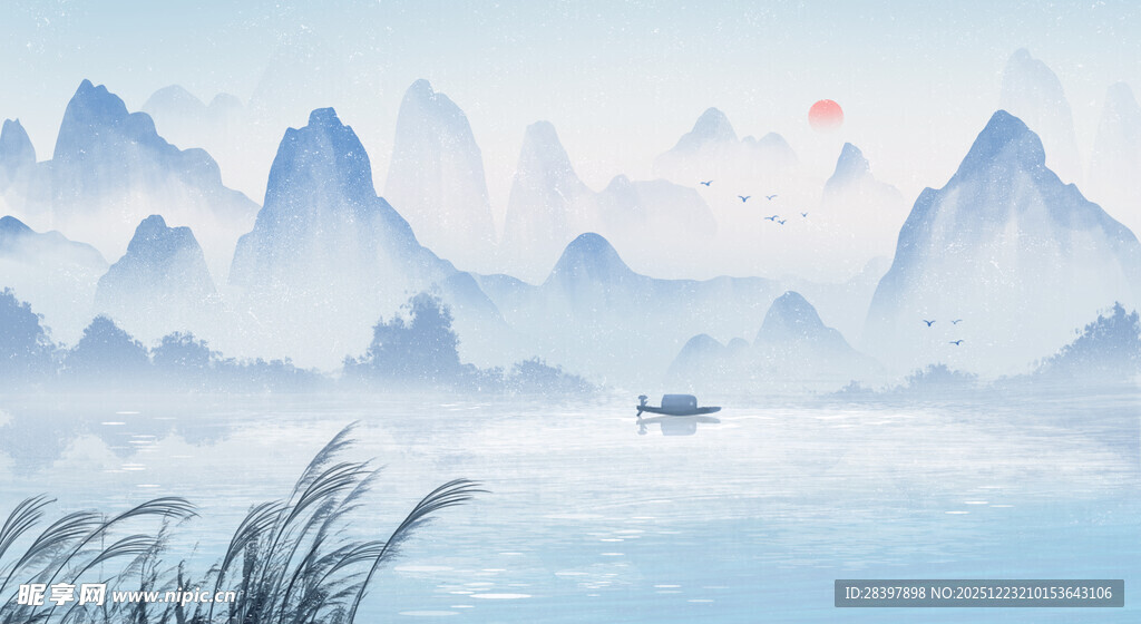 水墨山水间的孤舟意境