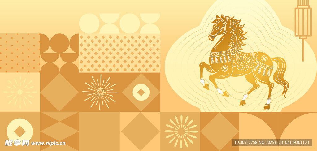 马年剪纸马金色简约几何背景
