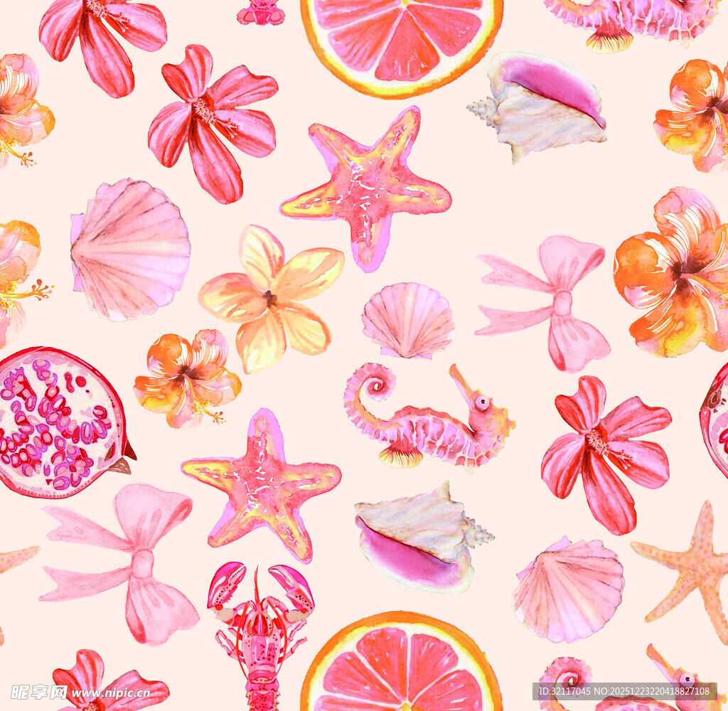 夏日海洋风水果贝壳图案