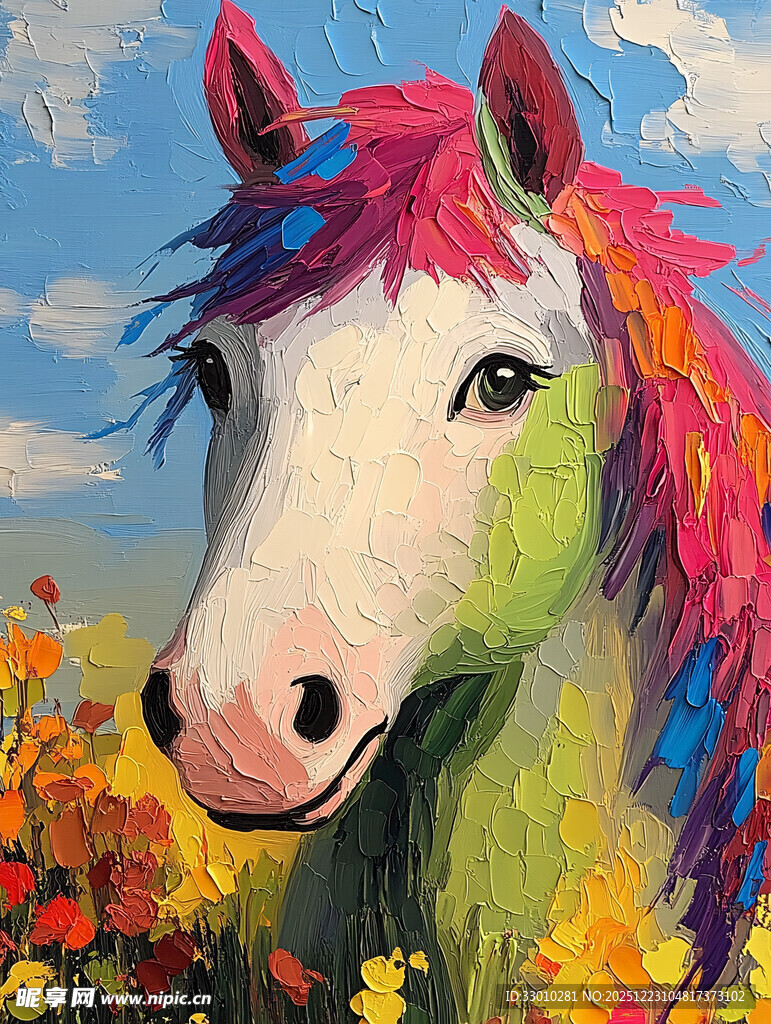 彩色梦幻马置身绚丽花丛