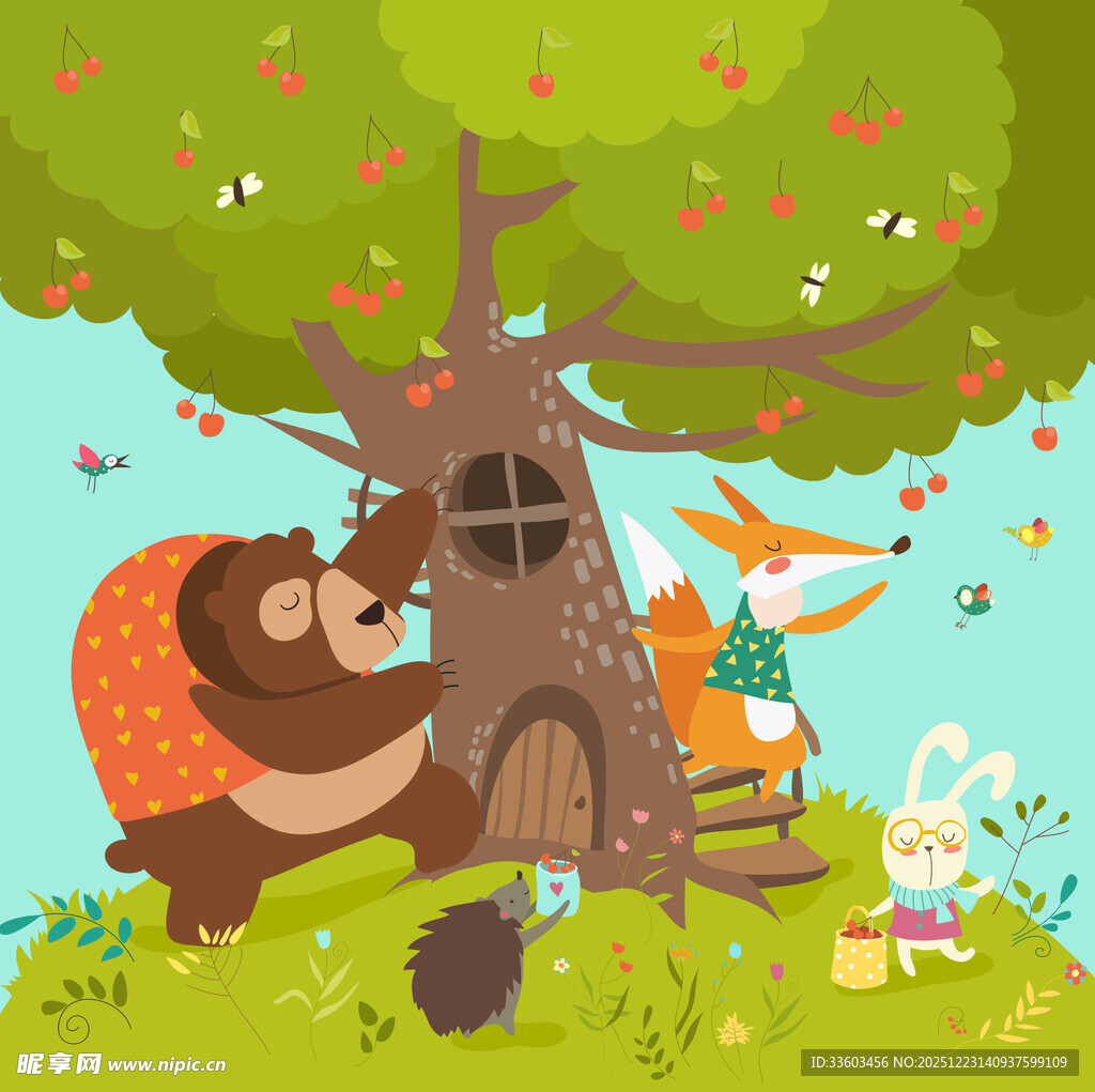 树下动物的温馨生活场景