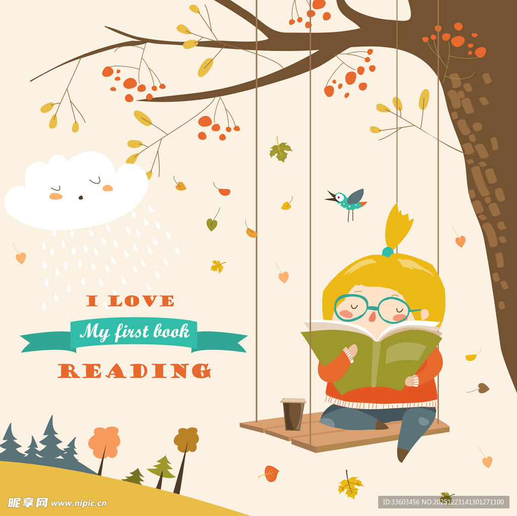 秋日树下女孩惬意阅读