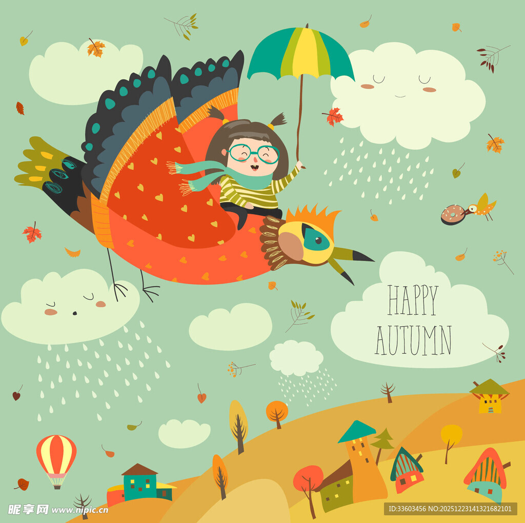 小孩骑龙撑伞欢乐飞行