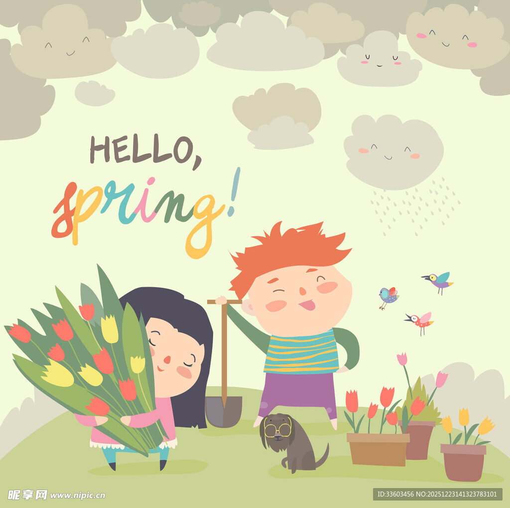 春日孩童种花欢乐场景