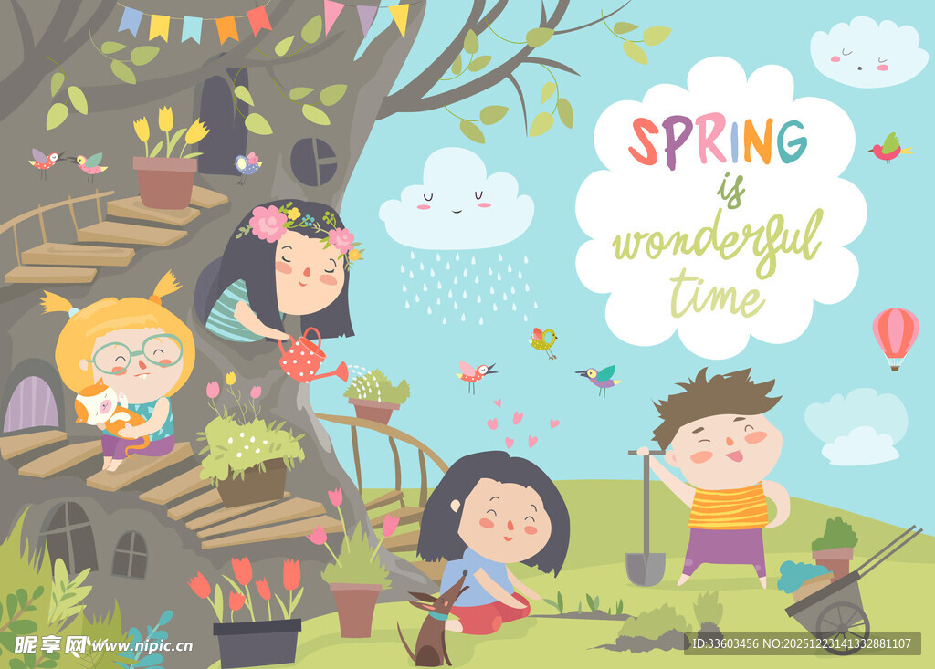 春日孩童树下欢乐时光