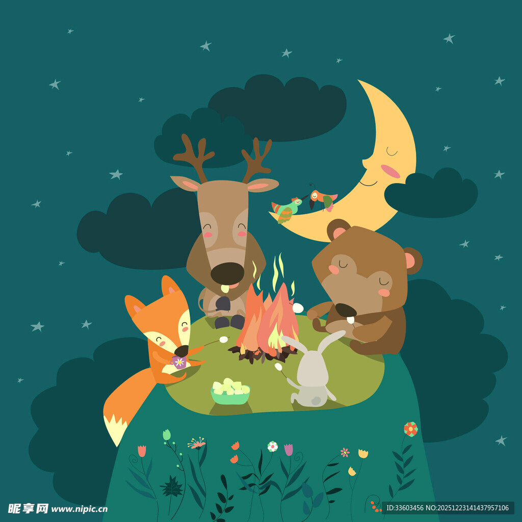 森林动物的欢乐露营夜