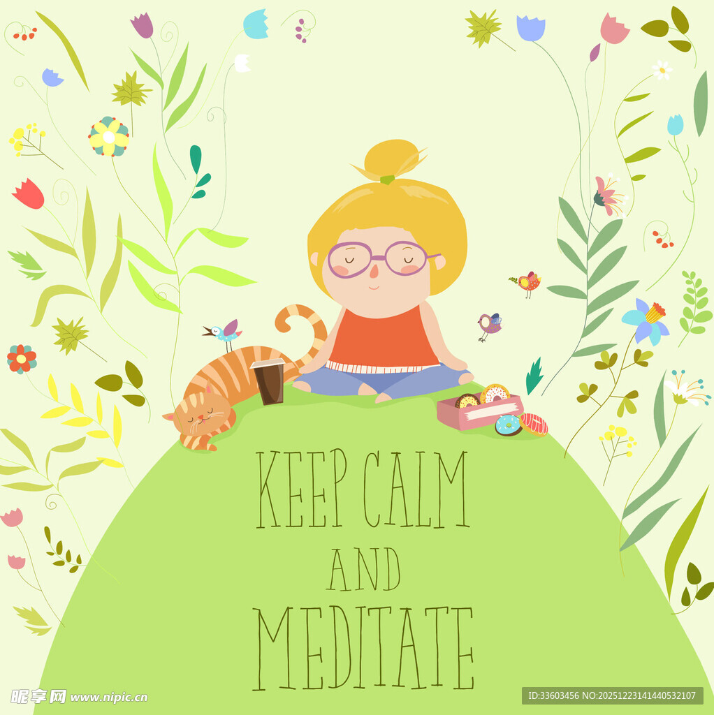 女孩静坐冥想的清新插画