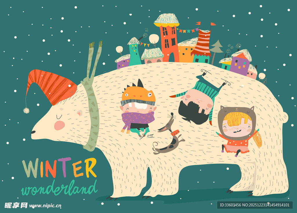 冬日萌趣动物与孩子共乐