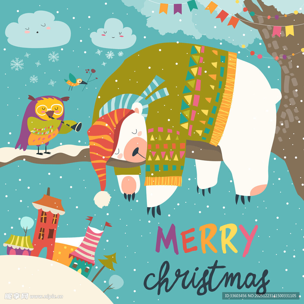 圣诞北极熊与小鸟欢乐场景