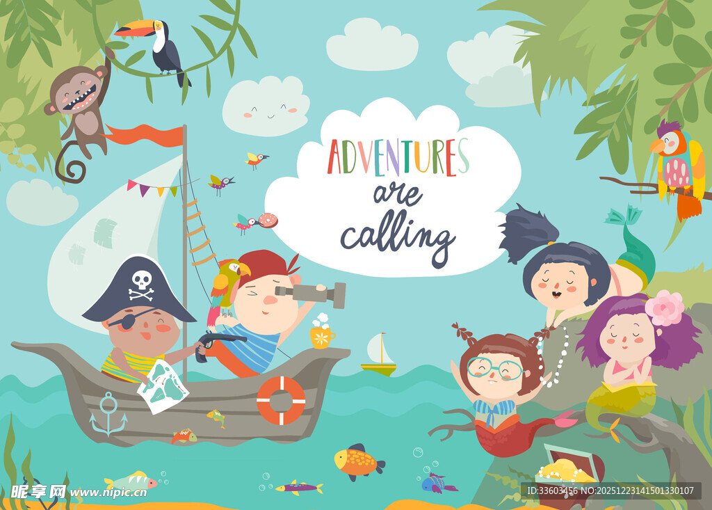 儿童海盗主题插画场景