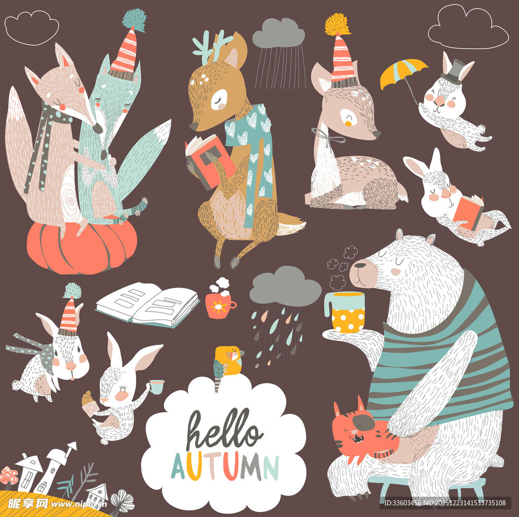 秋季动物欢聚的趣味插画