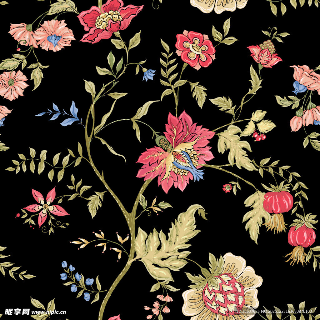 黑色底花卉刺绣图案