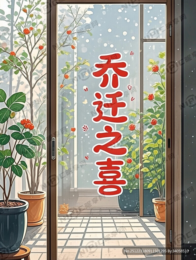 乔迁之喜 玻璃门贴 红色喜庆