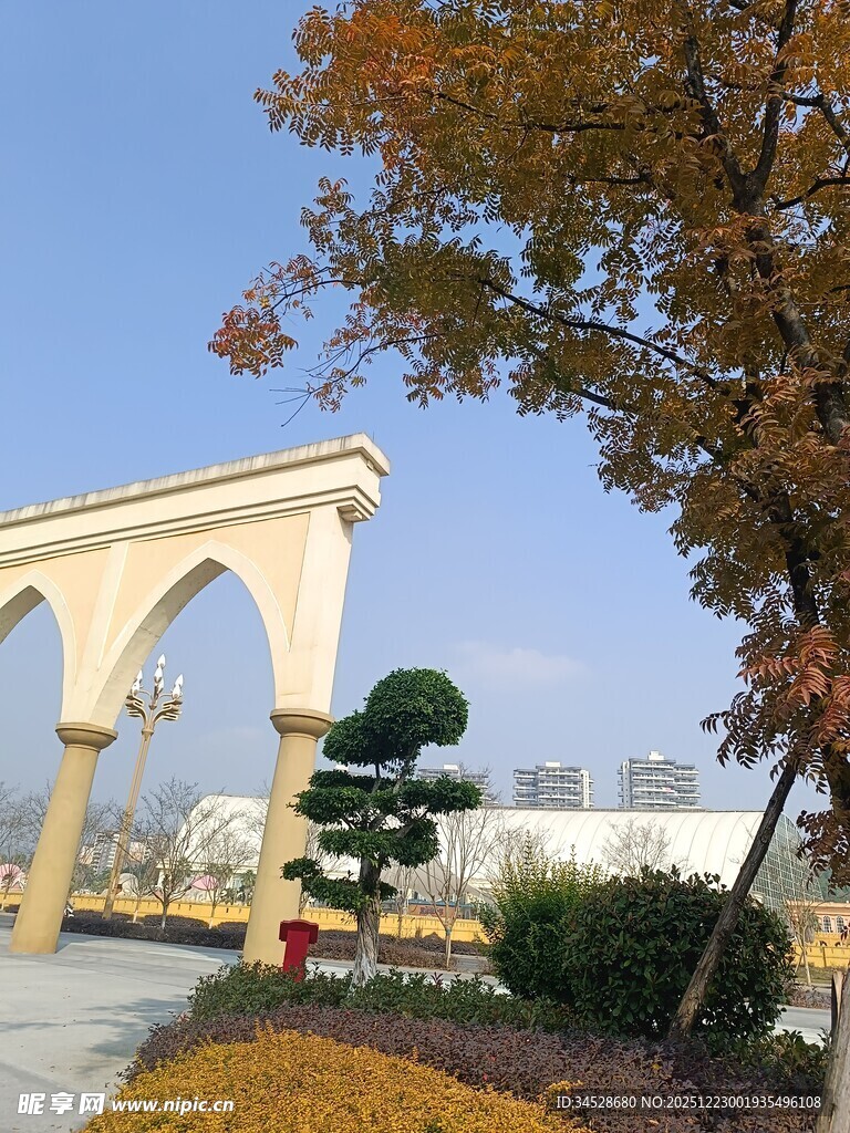 拱形建筑旁的秋日景致